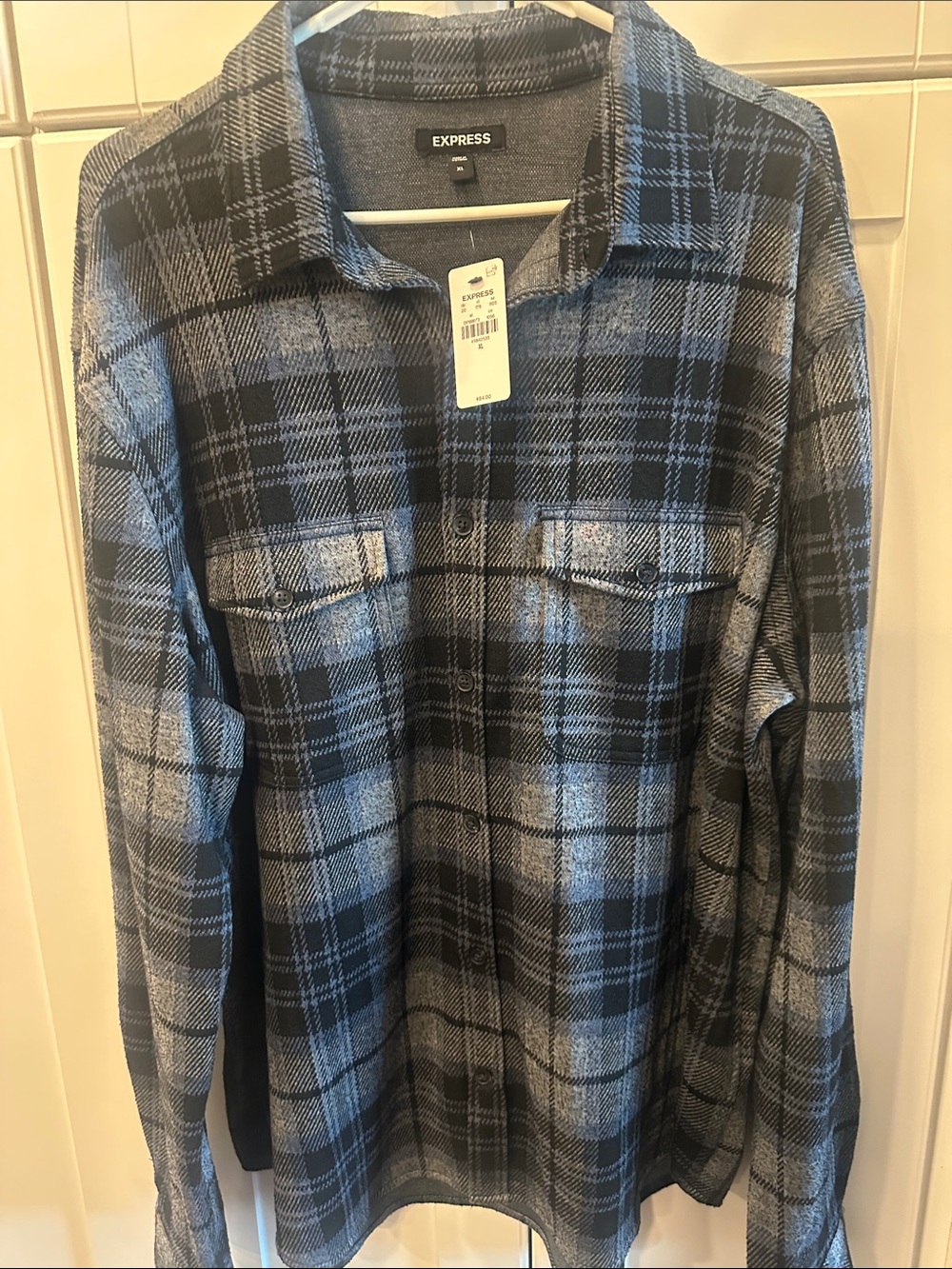 Express Men’s Gray and Blue Plaid Button-Down Shirt